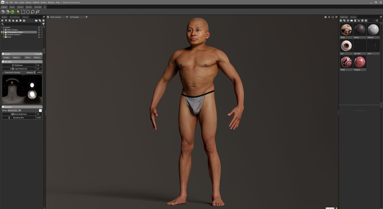 Marmoset Toolbag real-time scene render of a lean athletic male 3D body scan with PBR materials